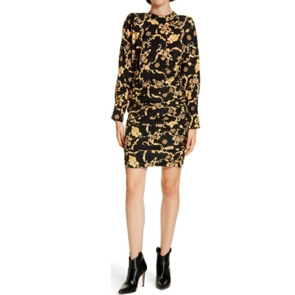 Veronica Beard 'Amile' Printed Stretch-Silk Ruched Mini-Dress, Black/Gold